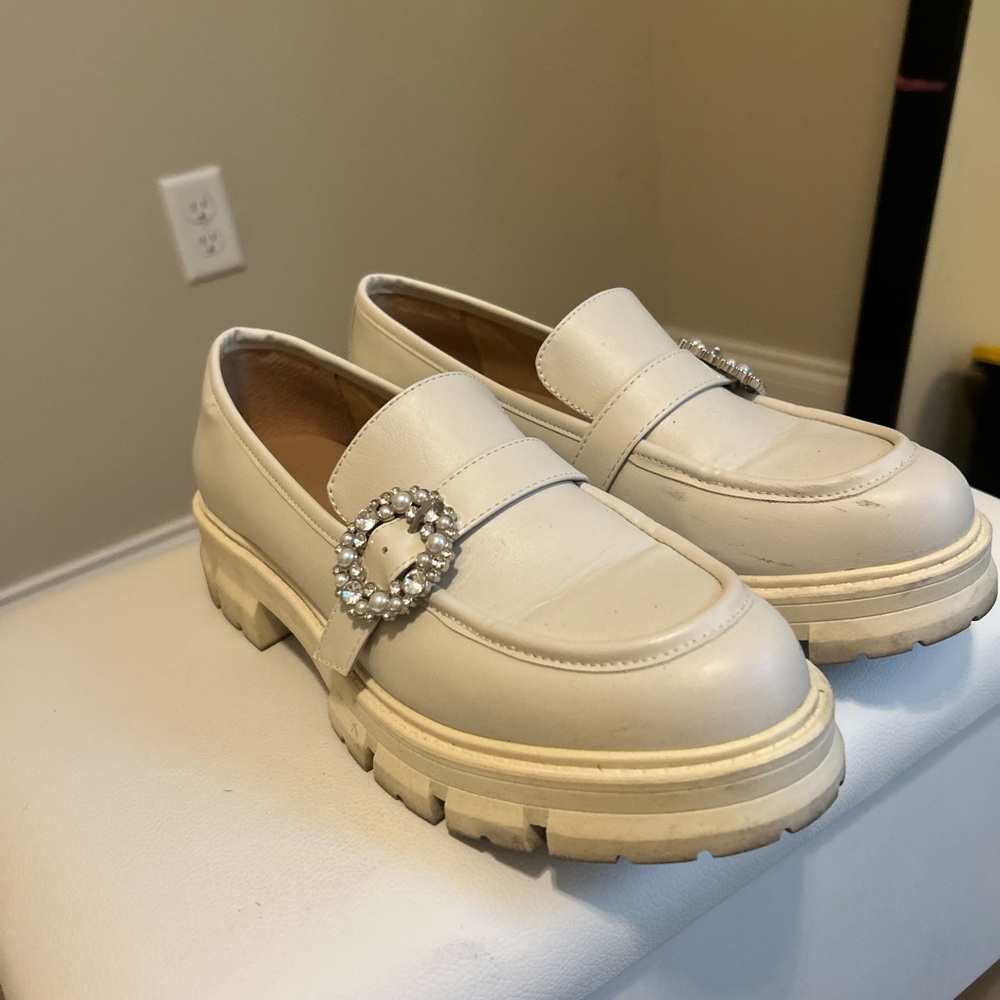 crown & ivy Cream Loafers with Rhinestone Buckle